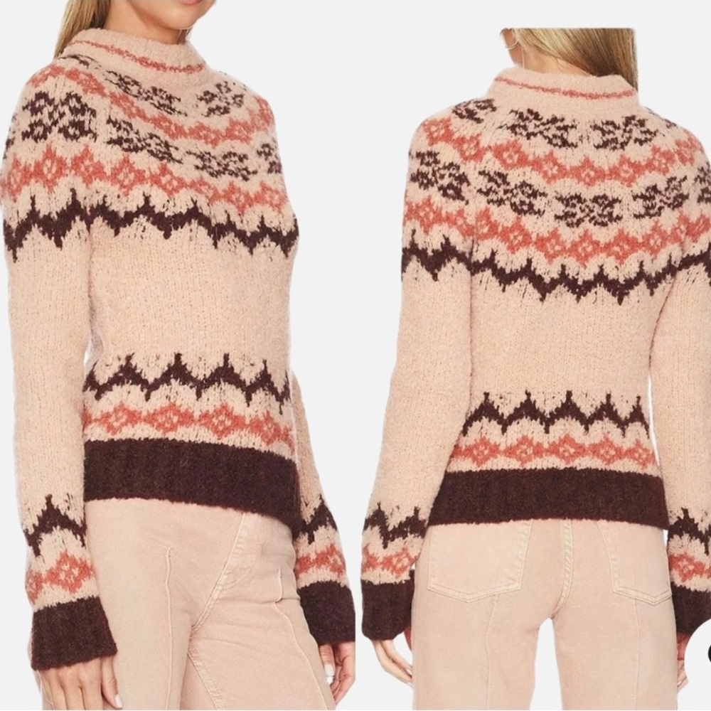 Smythe Fair Isle Alpaca Sweater Women's XS Pink Brown Mock Neck‎ Nordic Knit